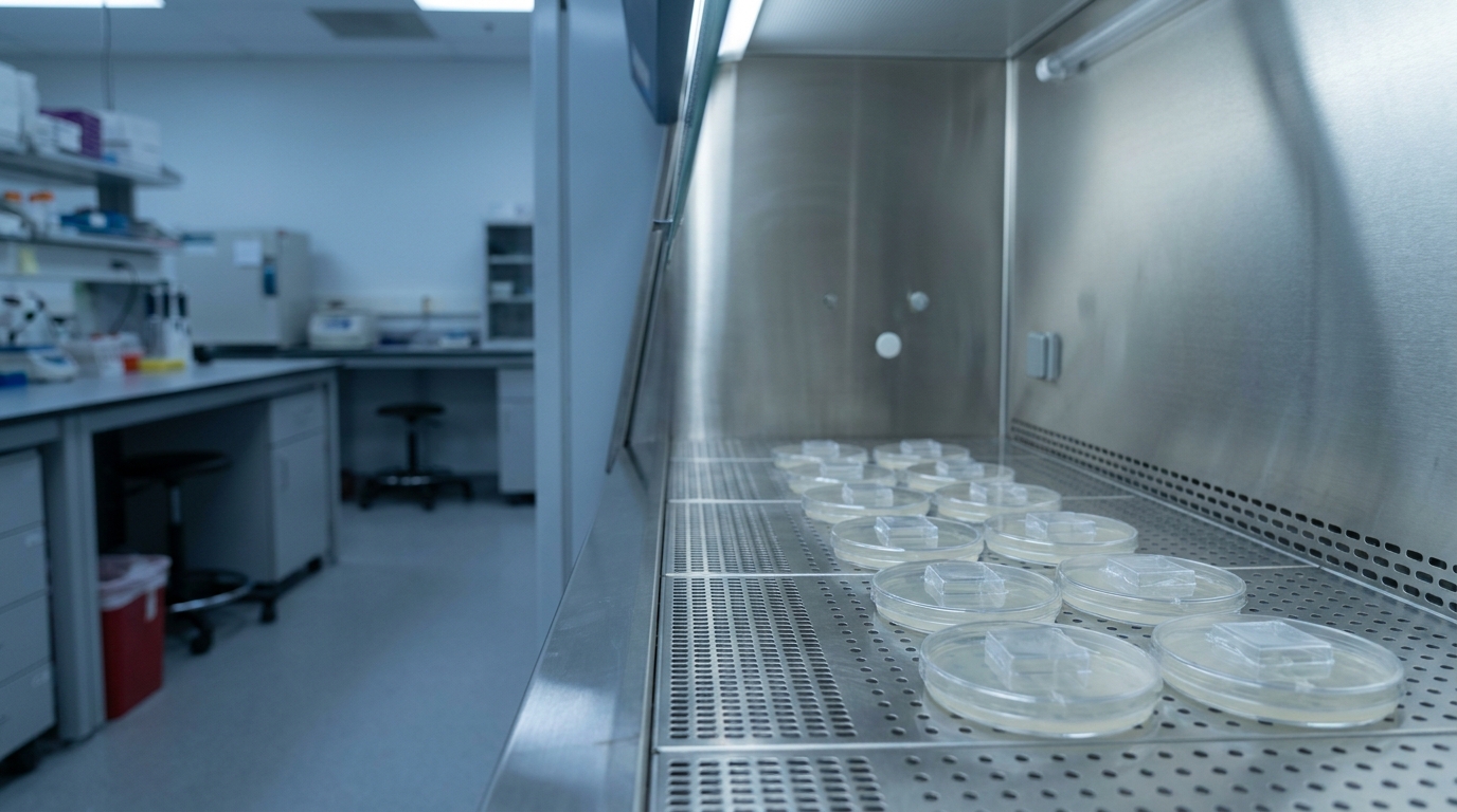 Reihe von Agarplatten mit Kunststoff-Prüfkörpern in einer Sicherheitswerkbank im mikrobiologischen Labor